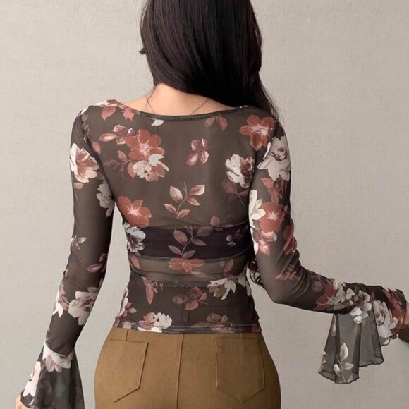 Brown And Cream Floral Print mesh top with tie detail & lantern sleeves size L - Picture 4 of 5